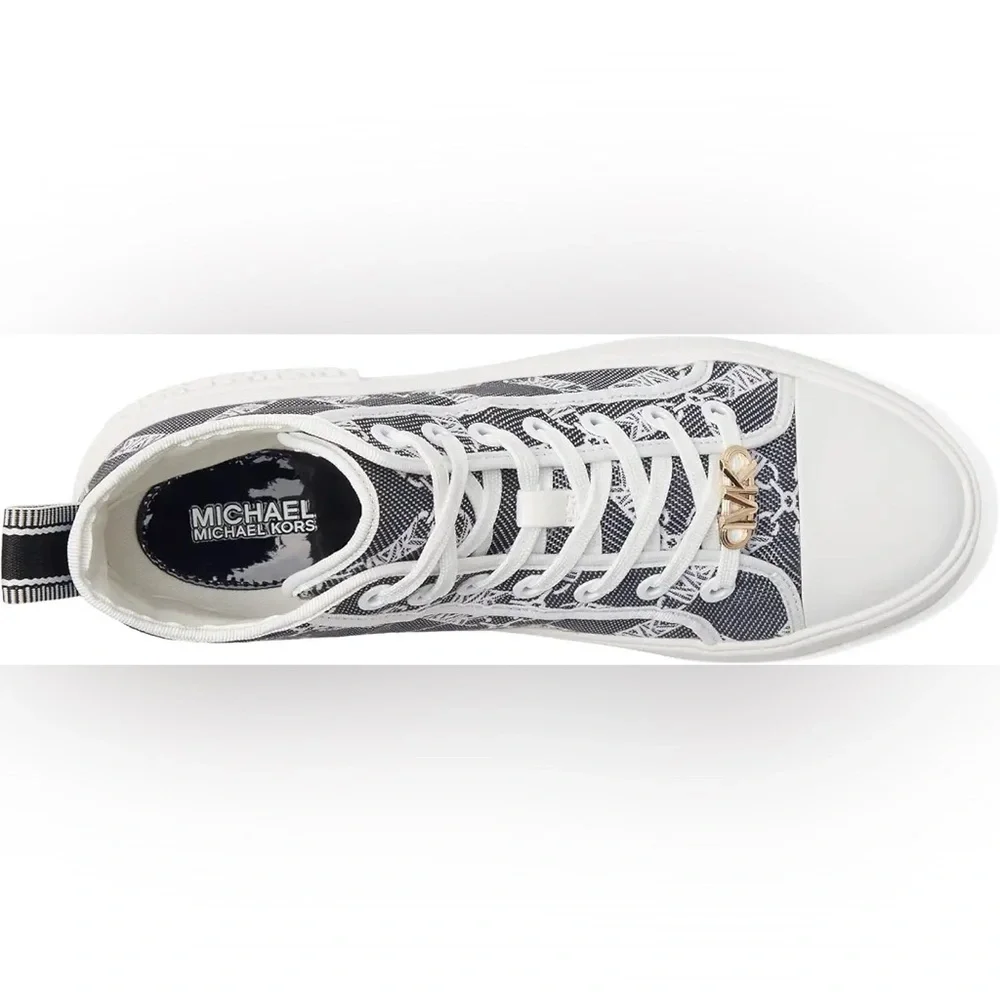 NEW Michael Kors Evy Empire Logo Jacquard High-Top Sneaker Blck/Optic White Sz 8
